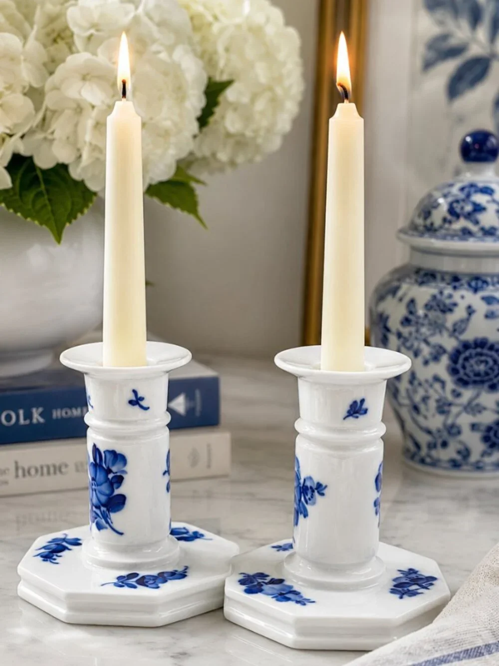 Royal Copenhagen Blue Flowers Candlesticks #3303 Denmark Hand Painted Porcelain